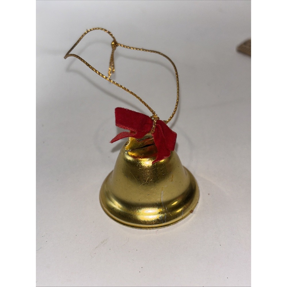 Vintage Japan 1950s Gold Metal Christmas Bell Red Ribbon Ornament Home Decor 1.5